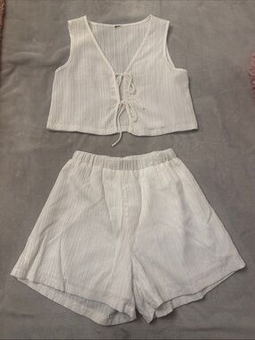 White Textured Two-Piece Tie-Front Crop Top & Shorts Set